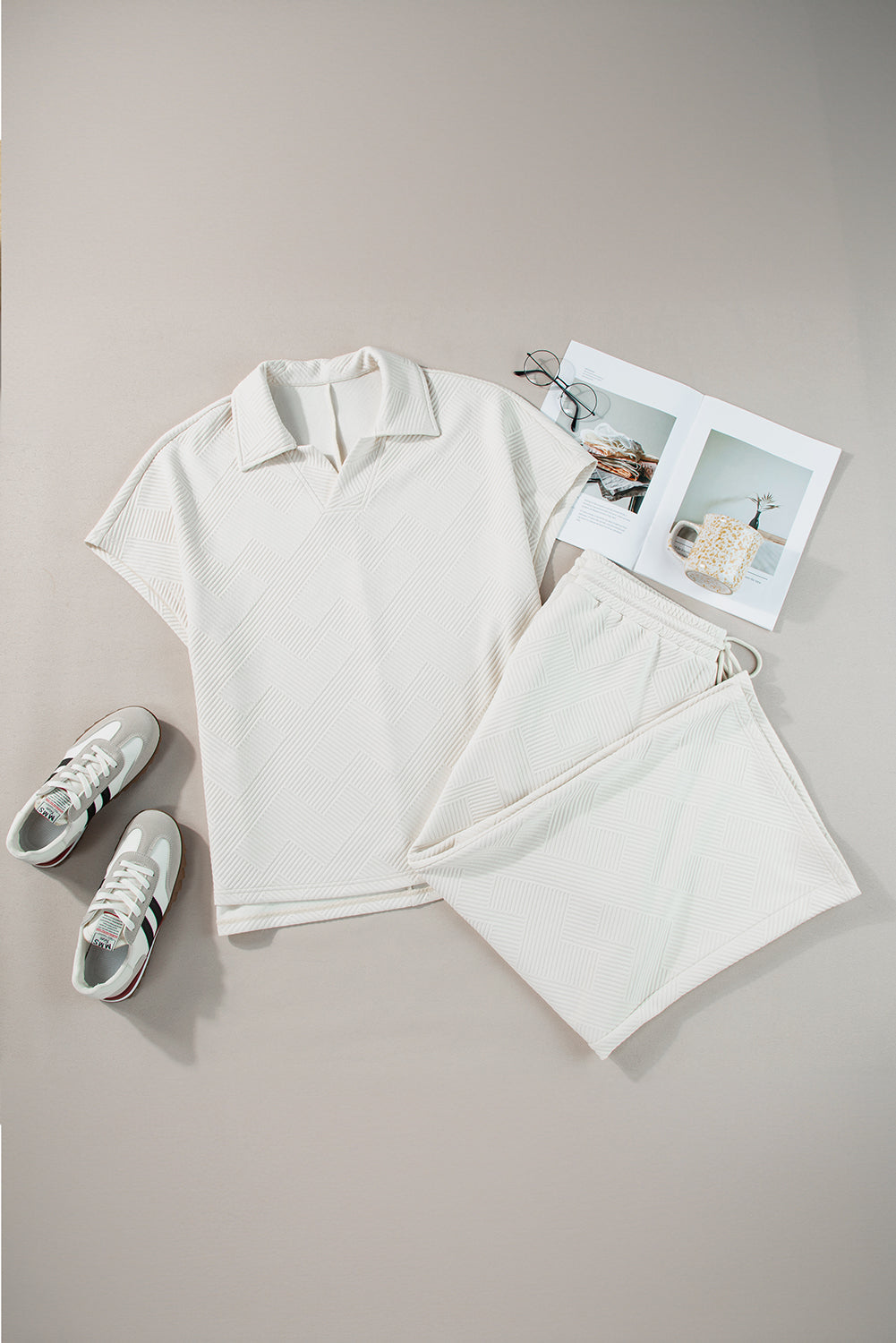 Beige Plus Size Textured Collared Top and Pants Set