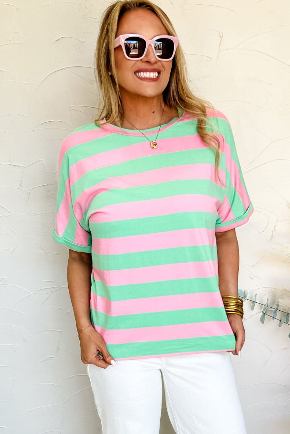 Pink Stripe Colorblock Cuffed Sleeve Loose Tee