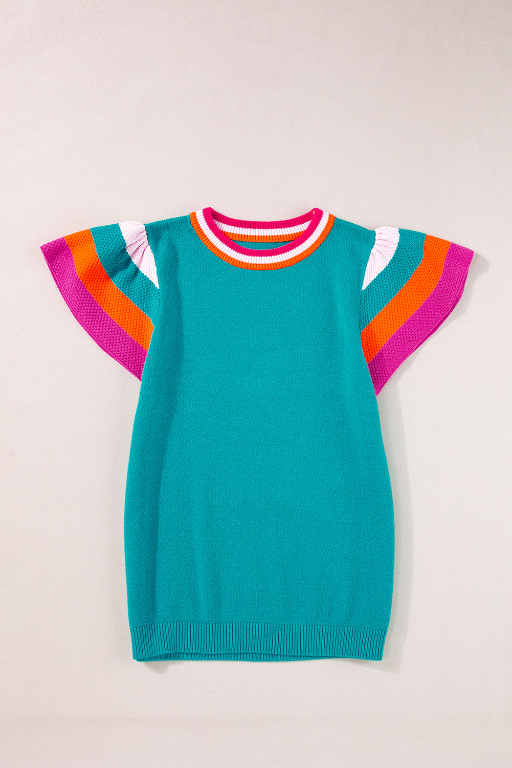 Turquoise Contrast Flutter Sleeves Knitted Sweater T Shirt