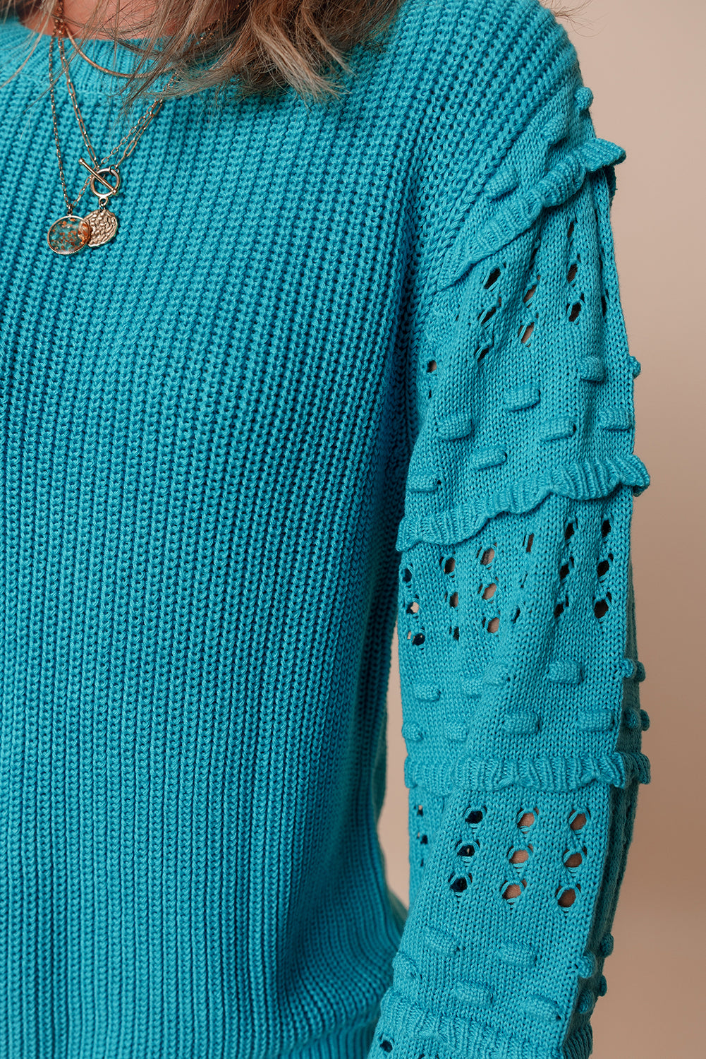 Turquoise Ruffled Eyelet Bubble Sleeve Sweater