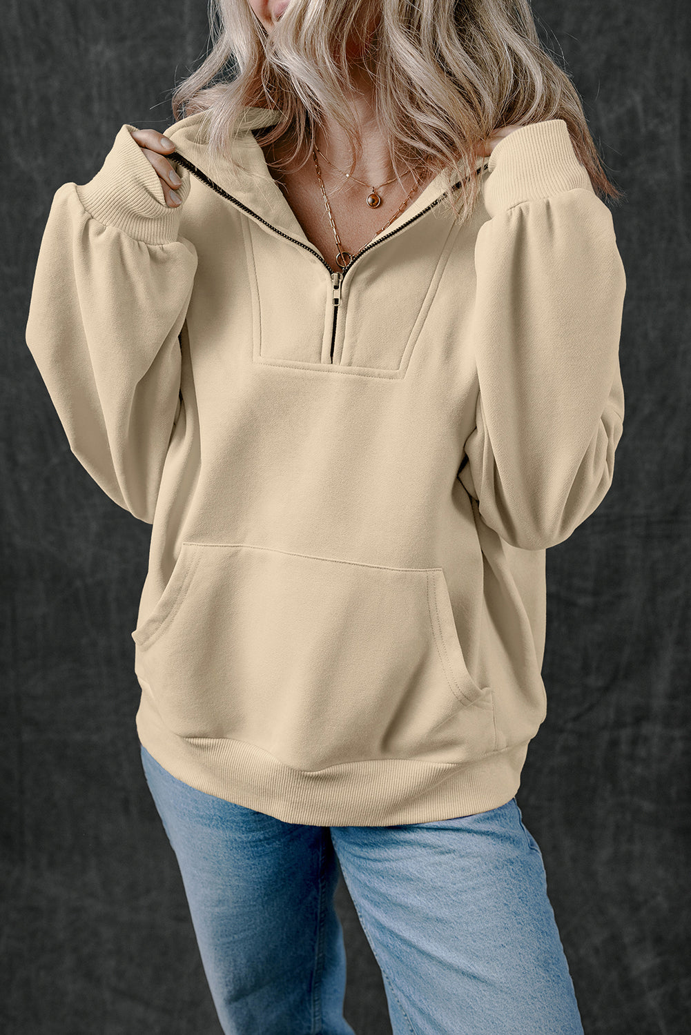 Smoke Gray Zip-up Stand Neck Kangaroo Pocket Sweatshirt