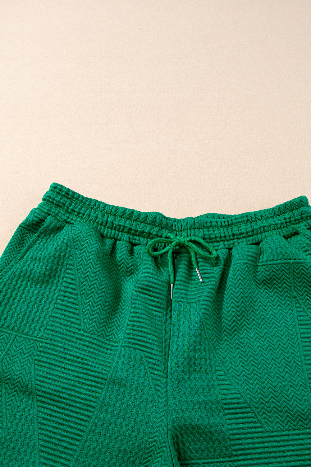 Dark Green Textured Ruffle Split Top and Drawstring Shorts