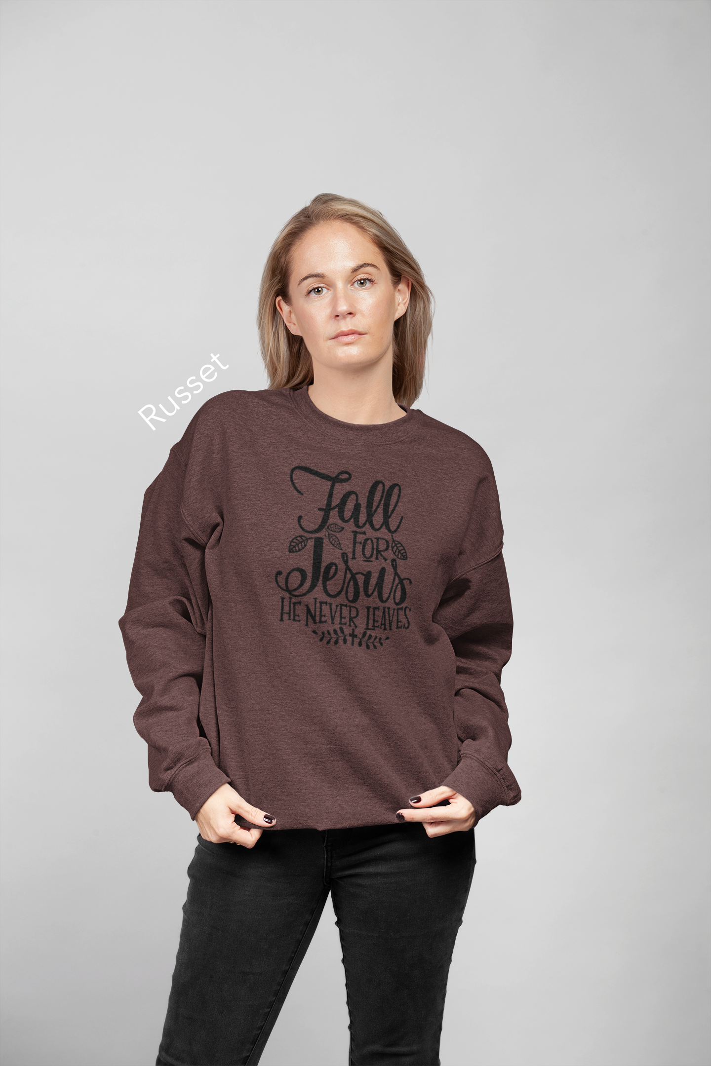 Fall for Jesus Never Leaves Vinyl Graphic Tee or Crewneck Sweatshirt