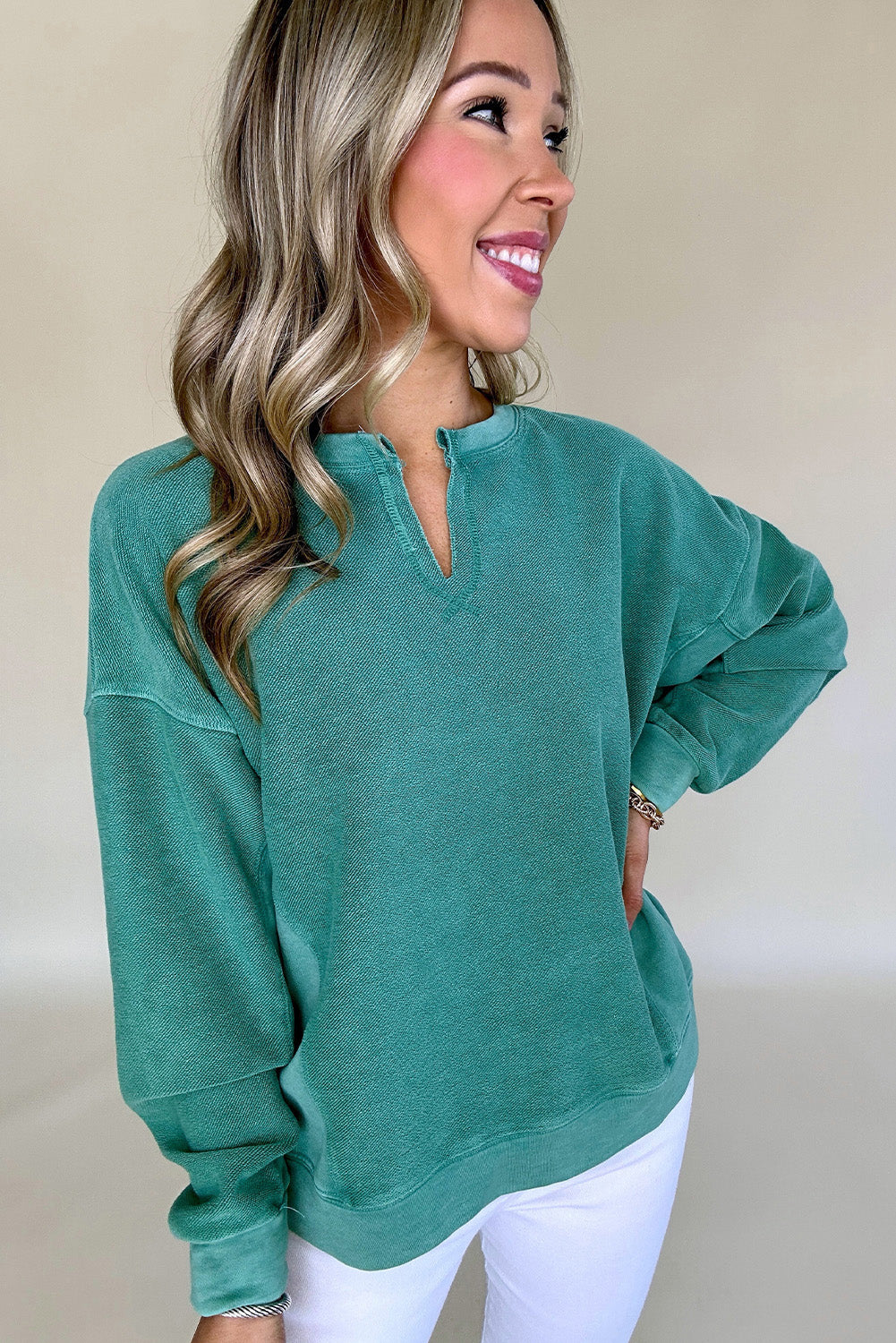 Skobeloff Solid Color Notched Neck Drop Shoulder Sweatshirt