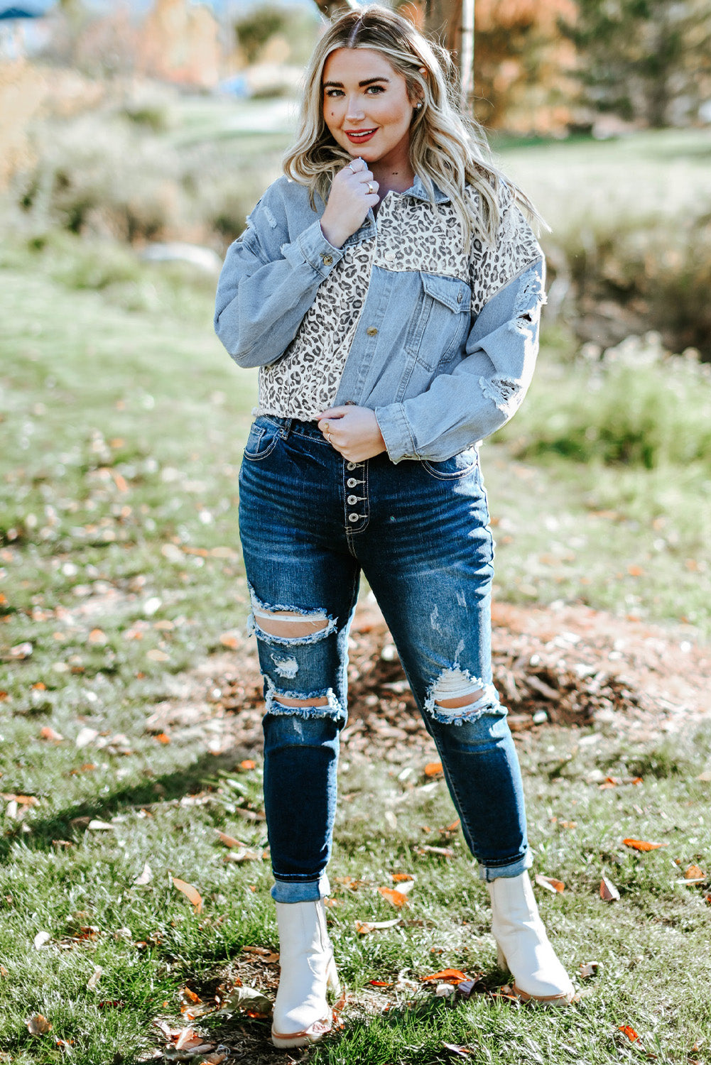 Blue Plus Size Leopard Ripped Cropped Denim Jacket