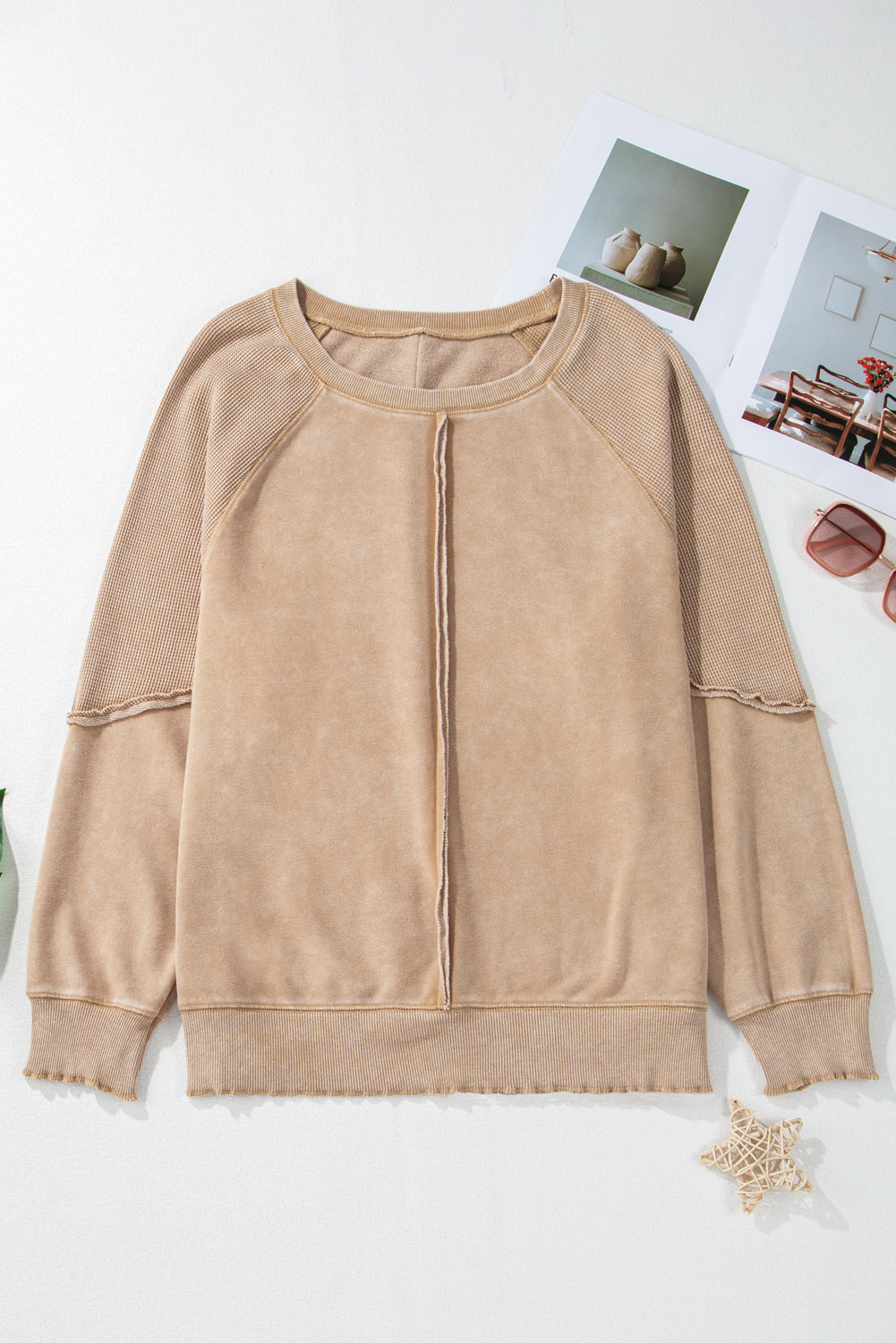 Light French Beige Solid Waffle Knit Patchwork Raglan Sleeve Sweatshirt