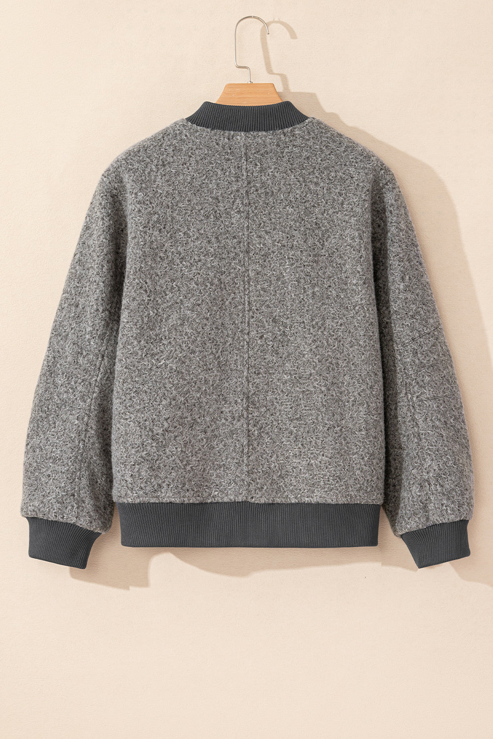 Medium Grey Fuzzy Zip Up Pocketed Sleeve Jacket