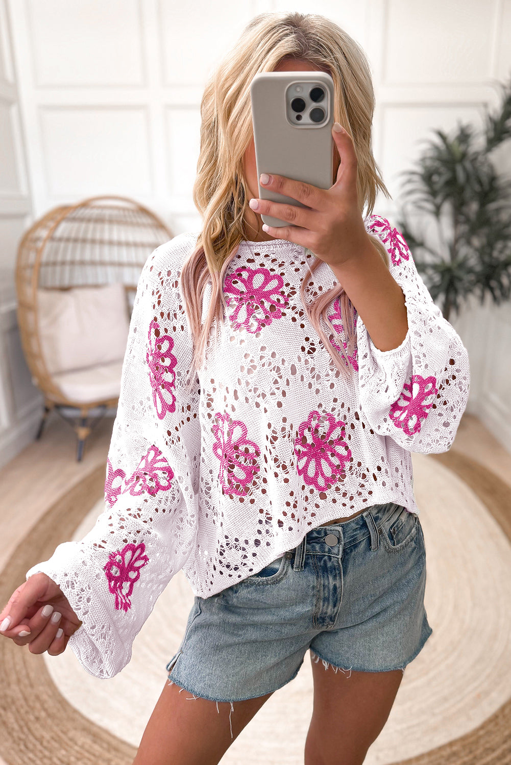 White Contrast Flower Print Eyelet Drop Shoulder Sweater