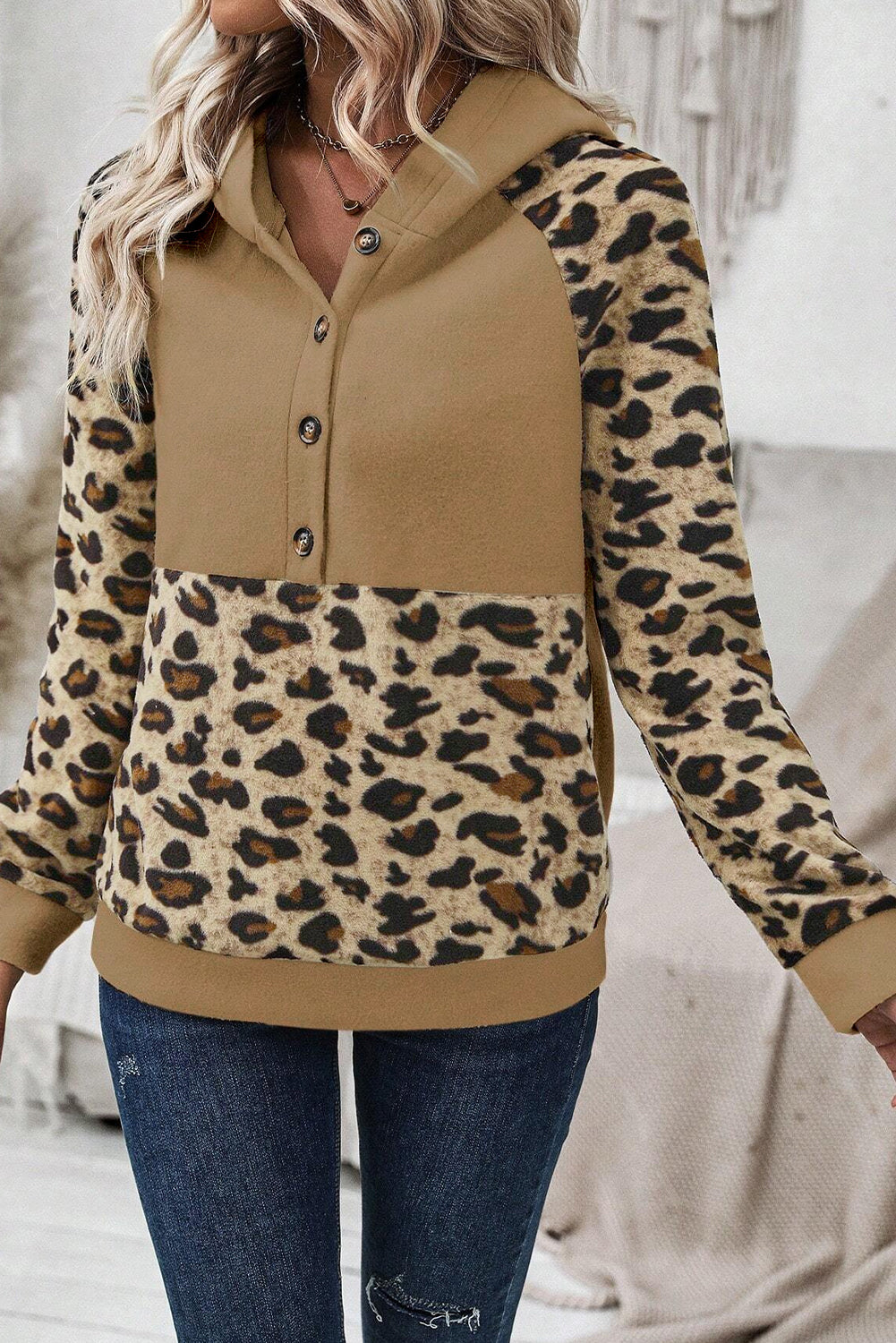 Light French Beige Leopard Print Patchwork Raglan Sleeve Half Buttons Hoodie