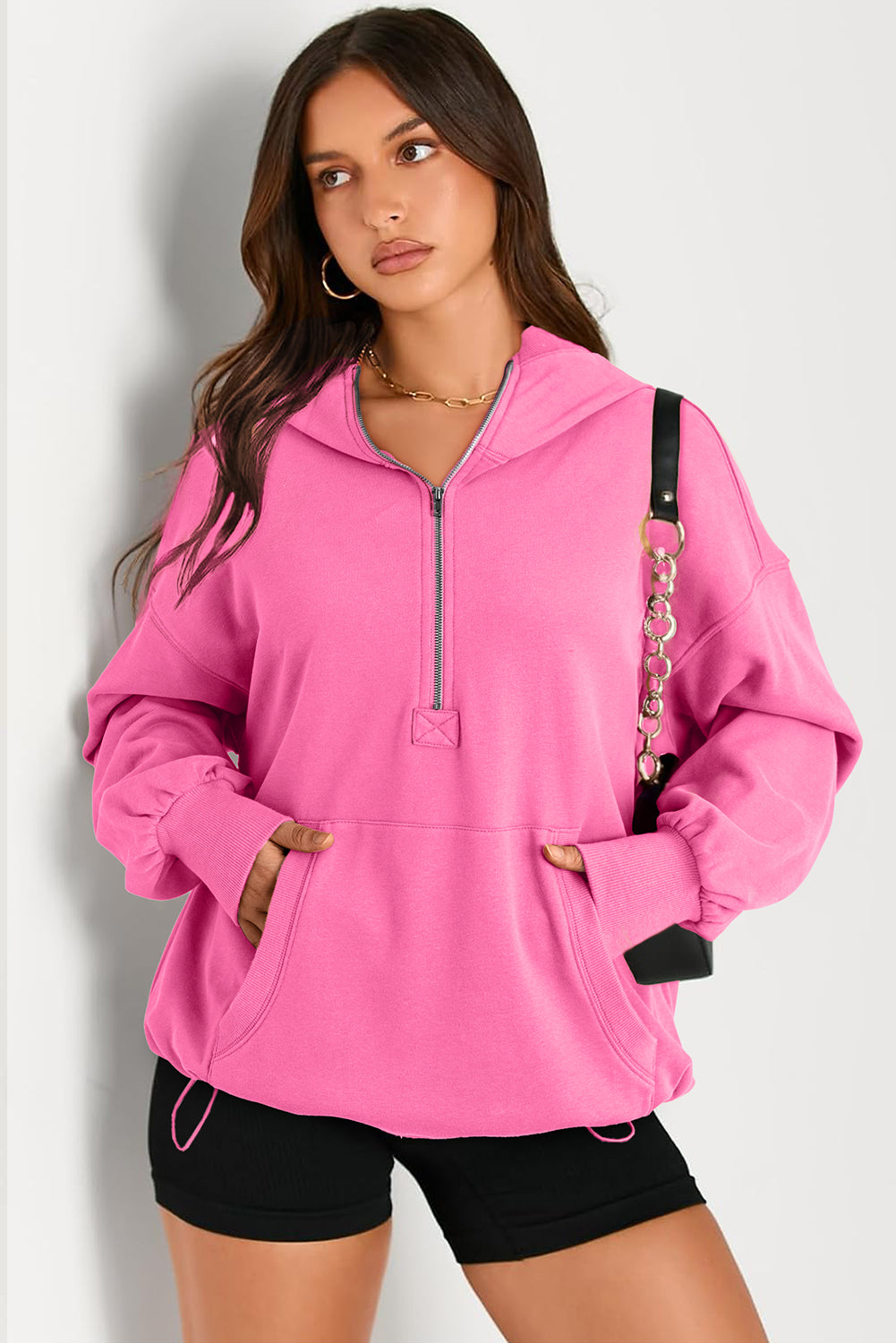 Bonbon Solid Kangaroo Pocket Half Zipper Oversized Hoodie