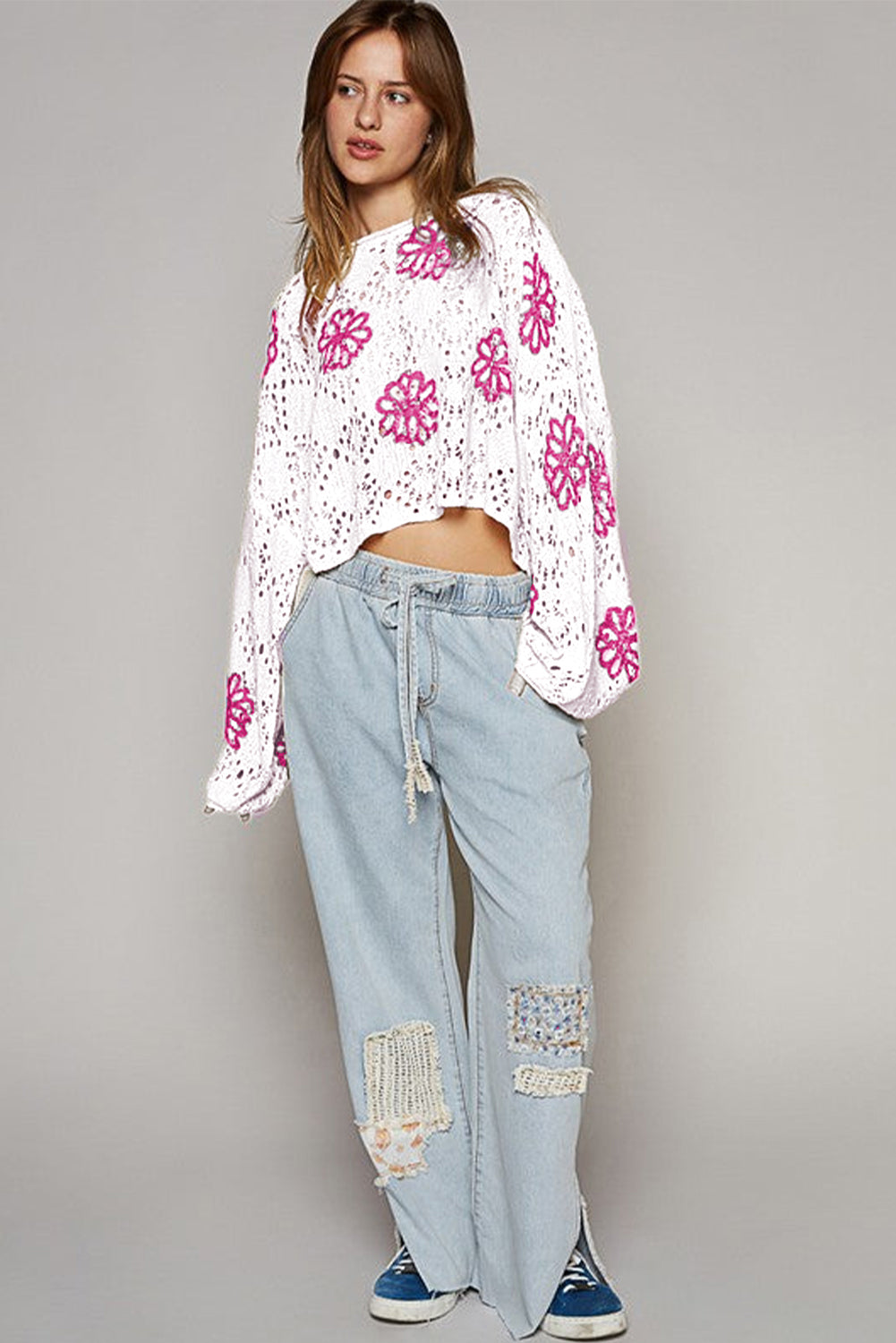 White Contrast Flower Print Eyelet Drop Shoulder Sweater