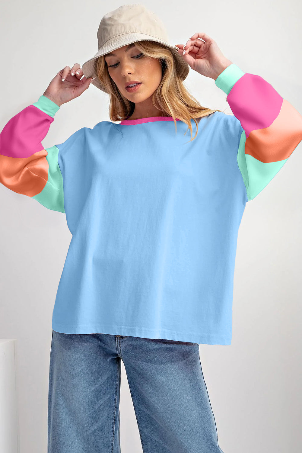 Dark Blue Colorblock Patchwork Long Sleeve Loose Top