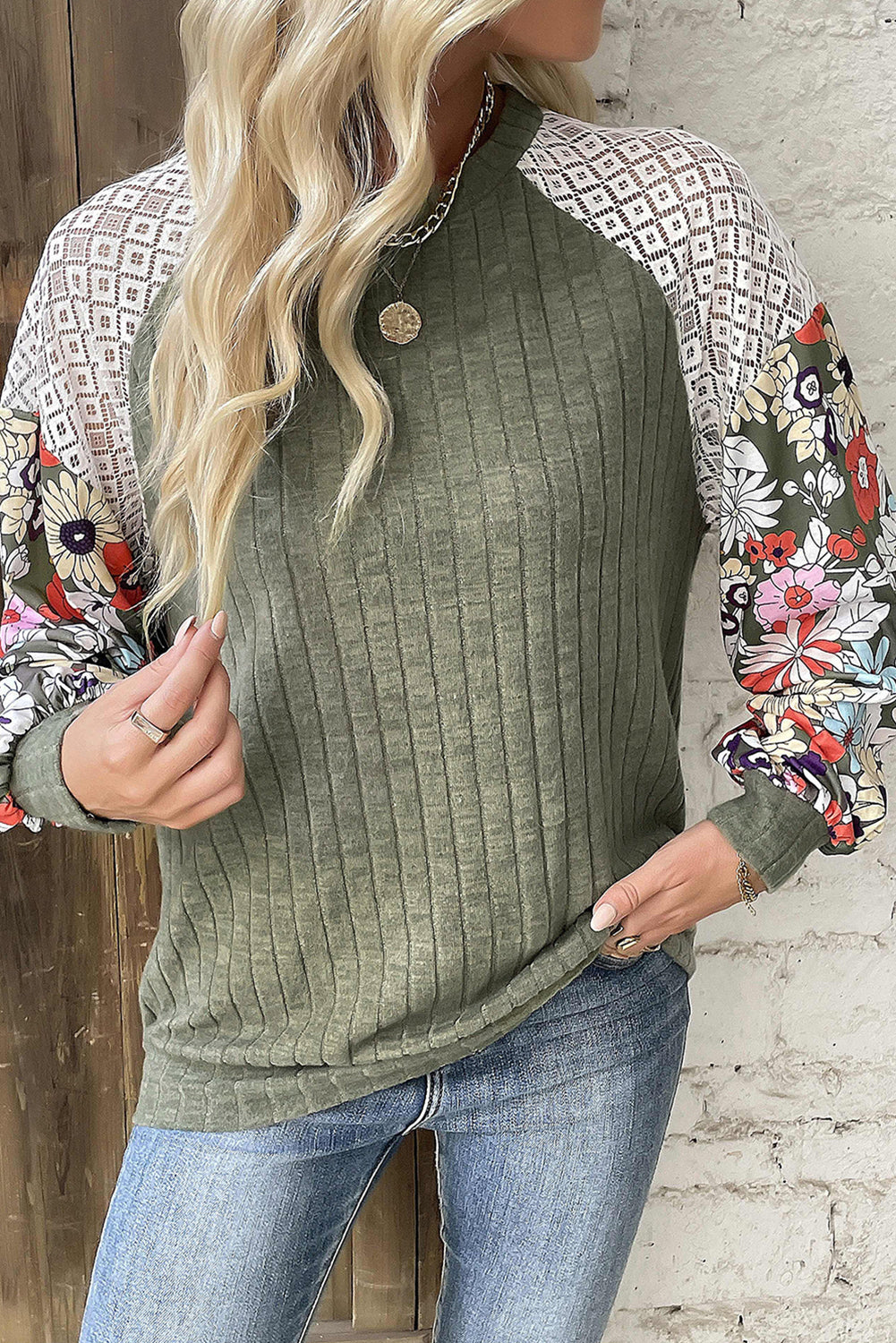 Laurel Green Floral Patchwork Long Sleeve Ribbed Blouse