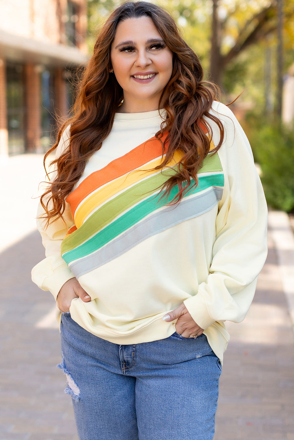 White Rainbow Raglan Sleeve Crew Neck Plus Size Sweatshirt