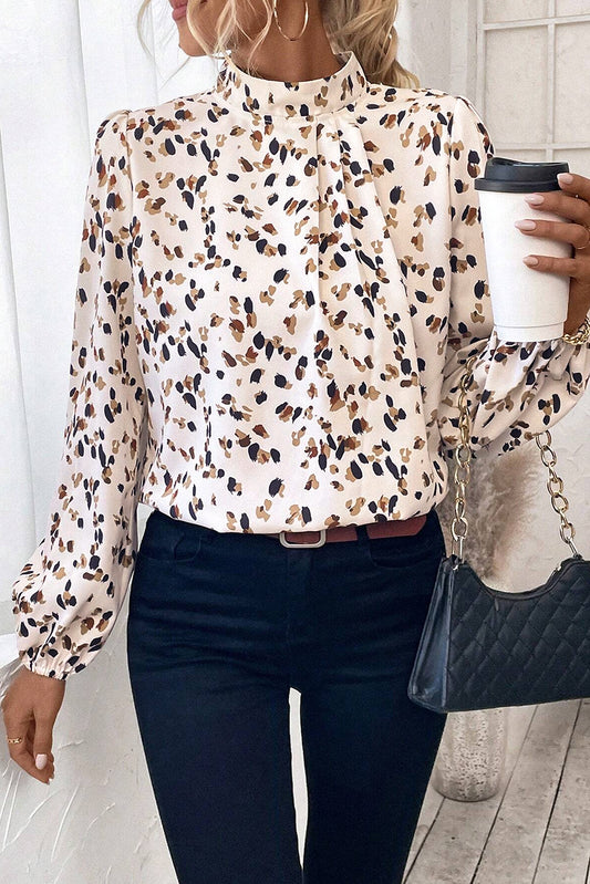 White Leopard Print Lantern Sleeve Mock Neck Pleated Blouse