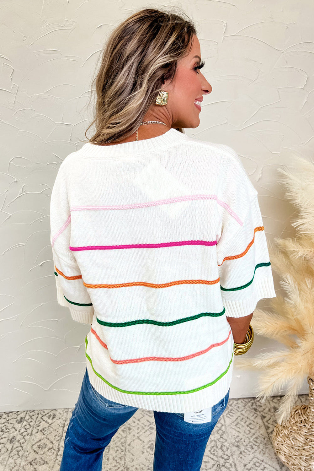 White Colorblock Striped Half Sleeve Drop Shoulder Sweater