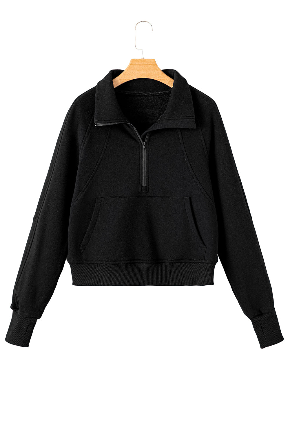 Black Fleece Lined Zip Up Stand Collar Thumbhole Sleeve Sweatshirt