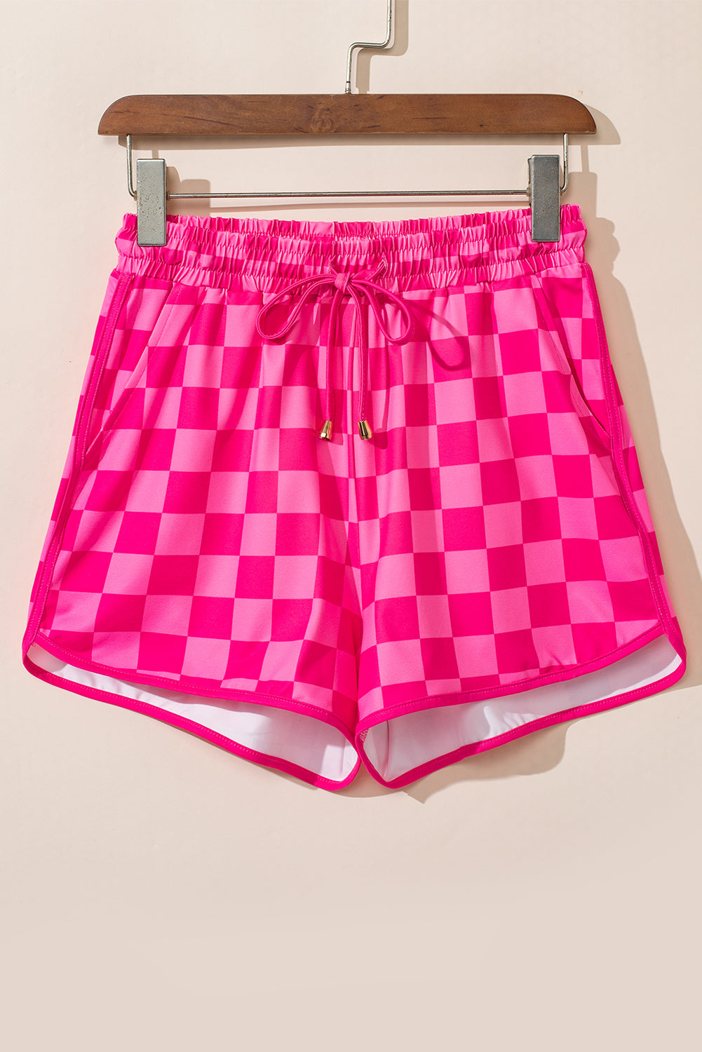 Rose Checkered Drawstring Elastic Waist Casual Shorts