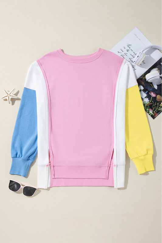 Bonbon Color Block Exposed Seam Side Slits Crewneck Sweatshirt