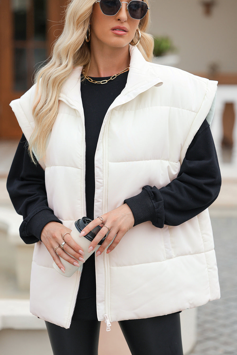 Beige Zipper Stand Neck Oversized Puffer Vest
