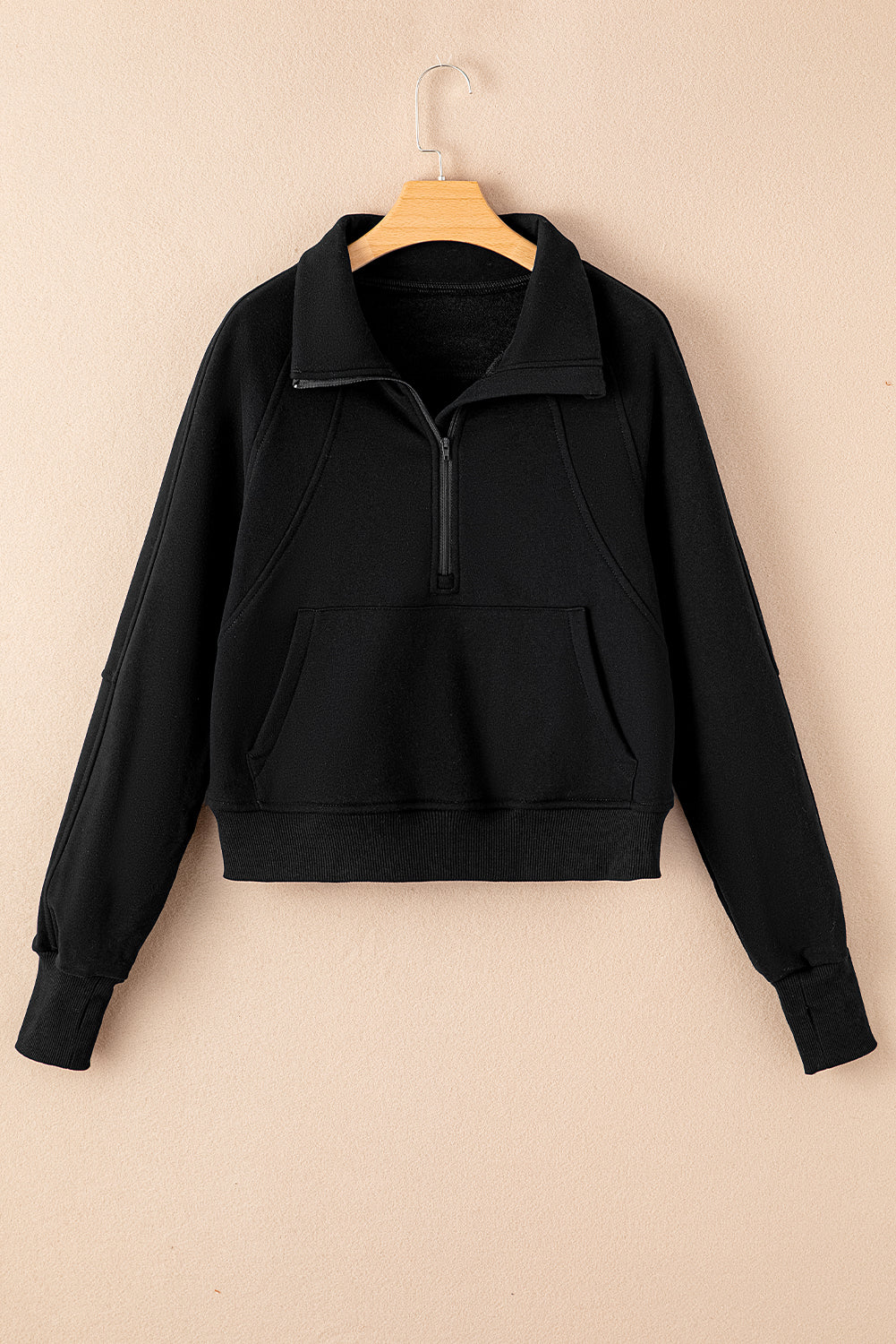 Black Fleece Lined Zip Up Stand Collar Thumbhole Sleeve Sweatshirt