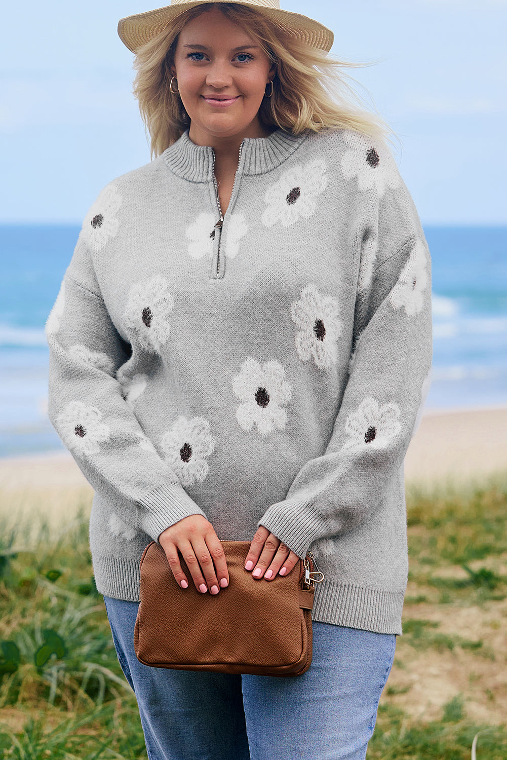 Gray Plus Size Embroidered Floral Pattern Half Zip Sweater