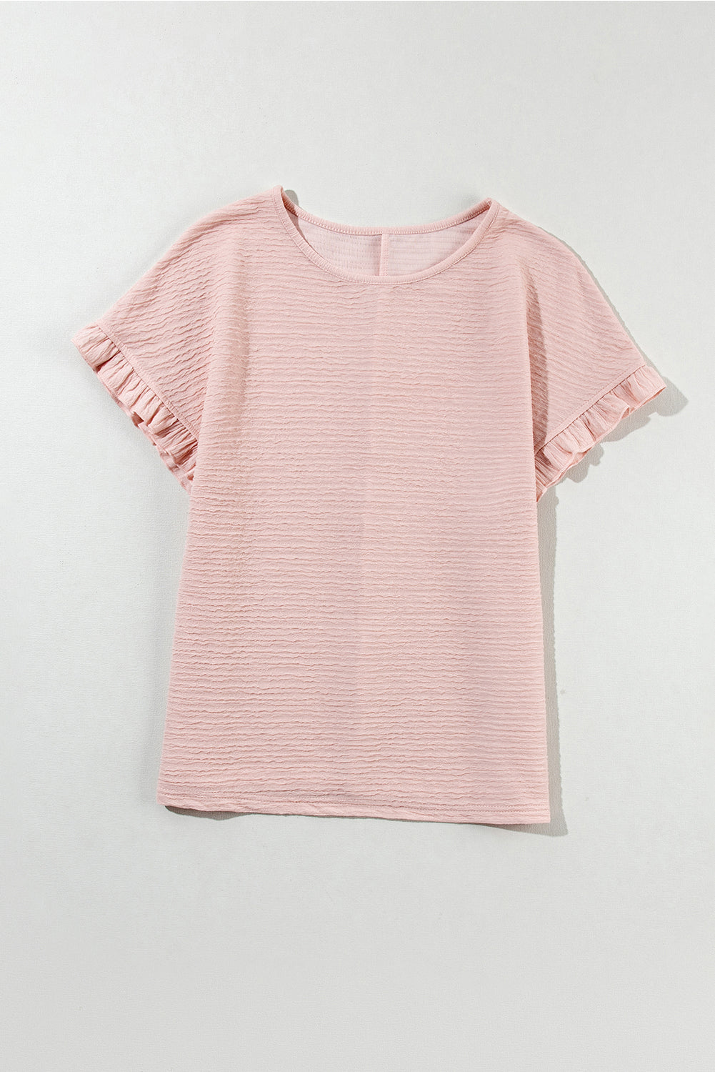 Light Pink Solid Textured Ruffled Short Sleeve Blouse