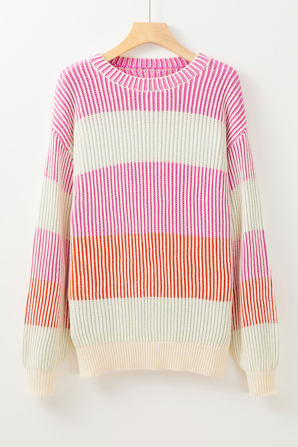 Pink Colorblock Textured Knit Bubble Sleeve Sweater