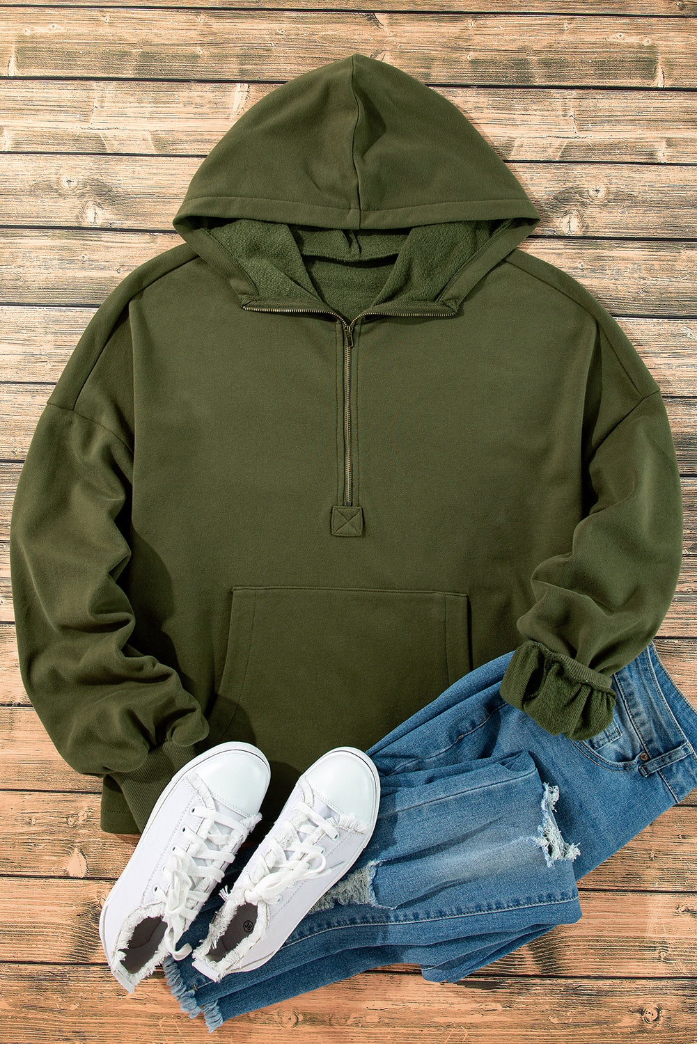 Moss Green Fleece Lined Half Zipper Kangaroo Pockets Loose Hoodie