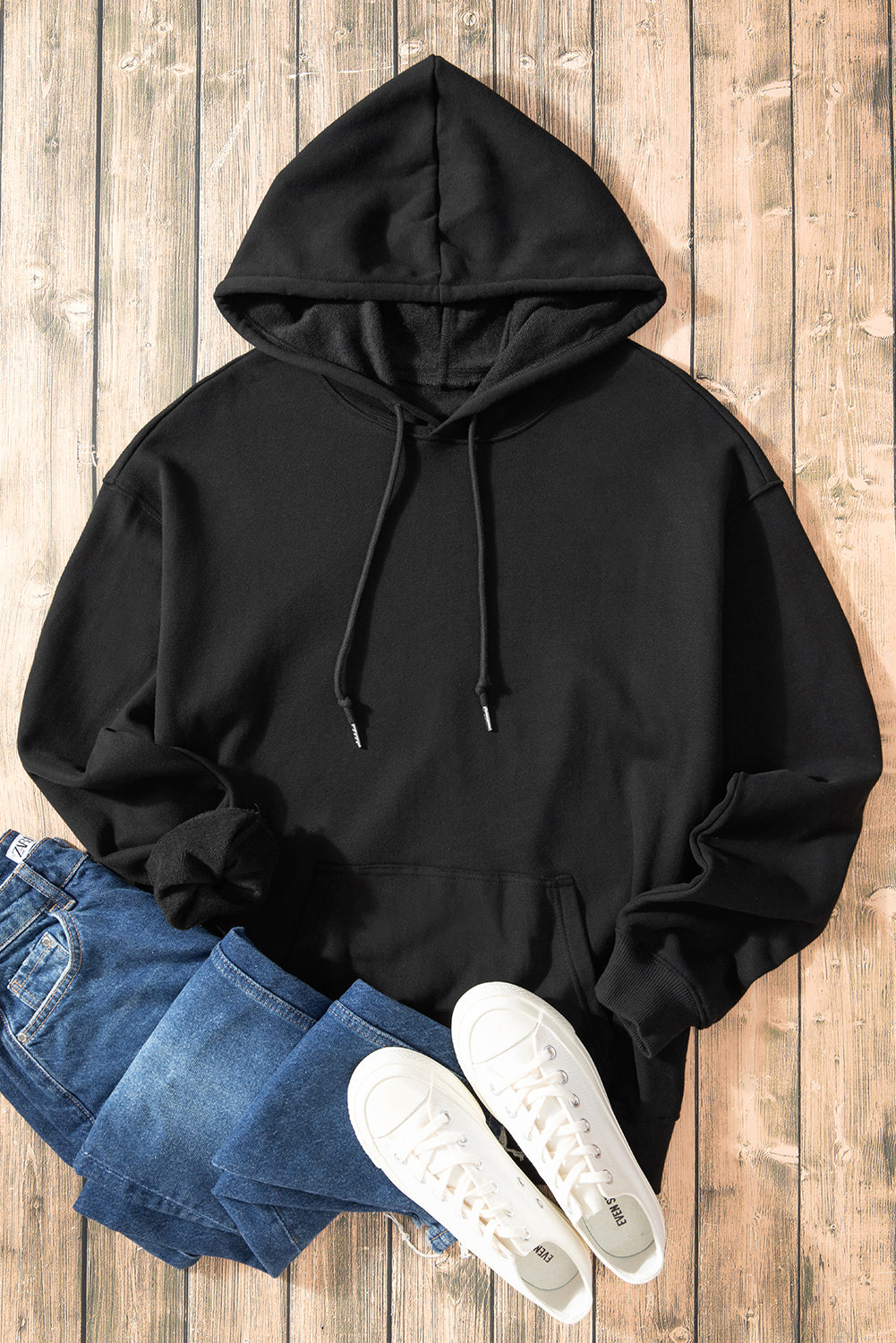 Black Fleece Lined Kangaroo Pocket Drawstring Chunky Hoodie