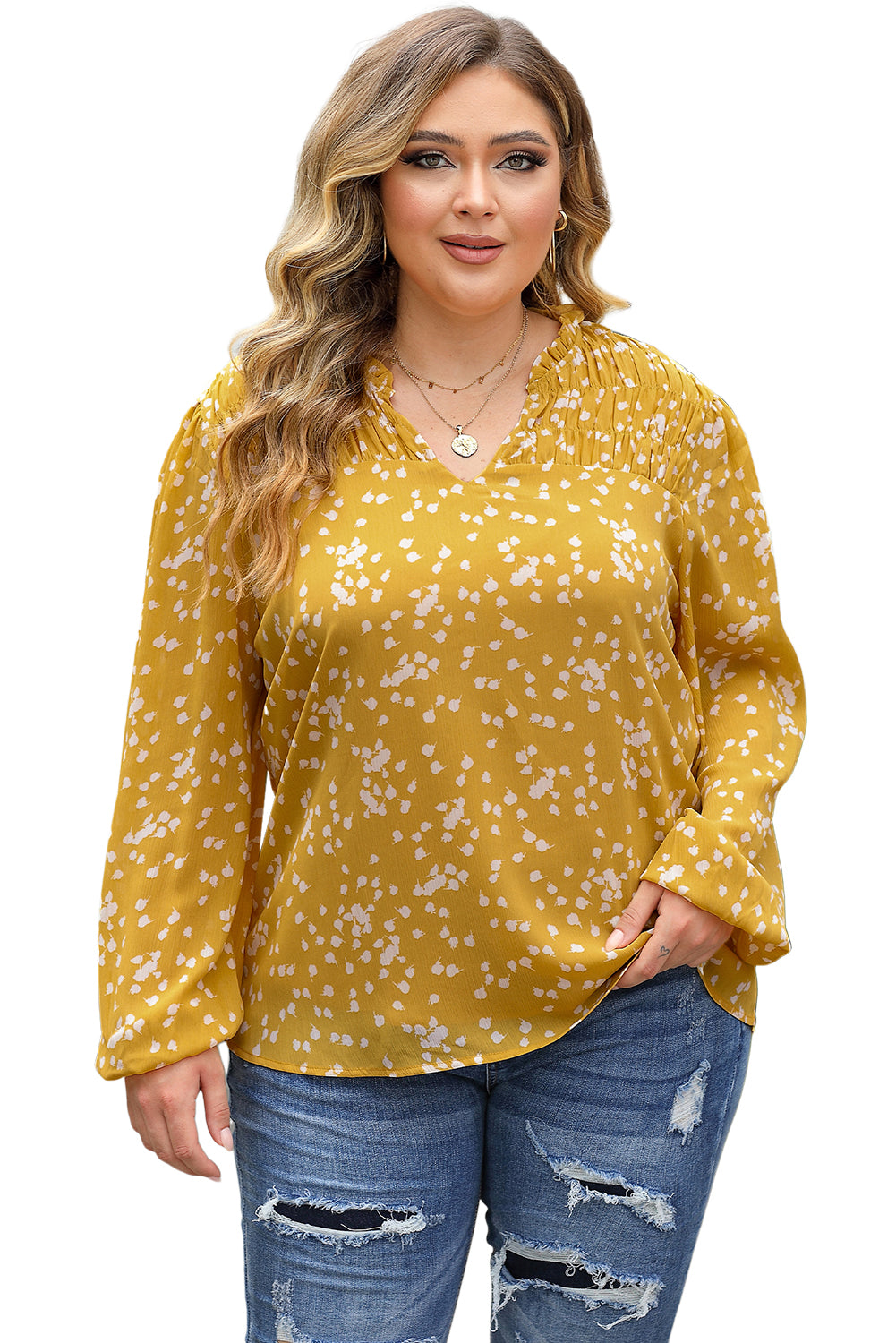 Yellow Plus Size Floral Print Ruched Split Neck Blouse