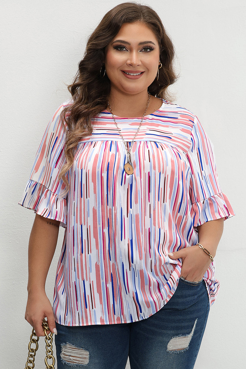 White Stripe Ruffled Short Sleeve Plus Size Blouse