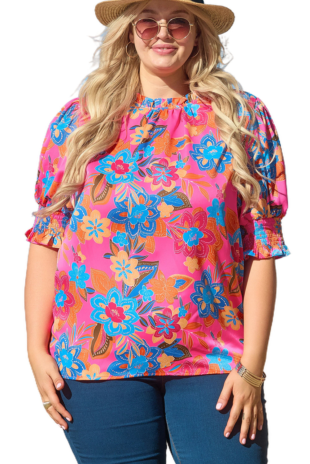 Rose Plus Floral Print Frilly Neck Puff Sleeve Blouse