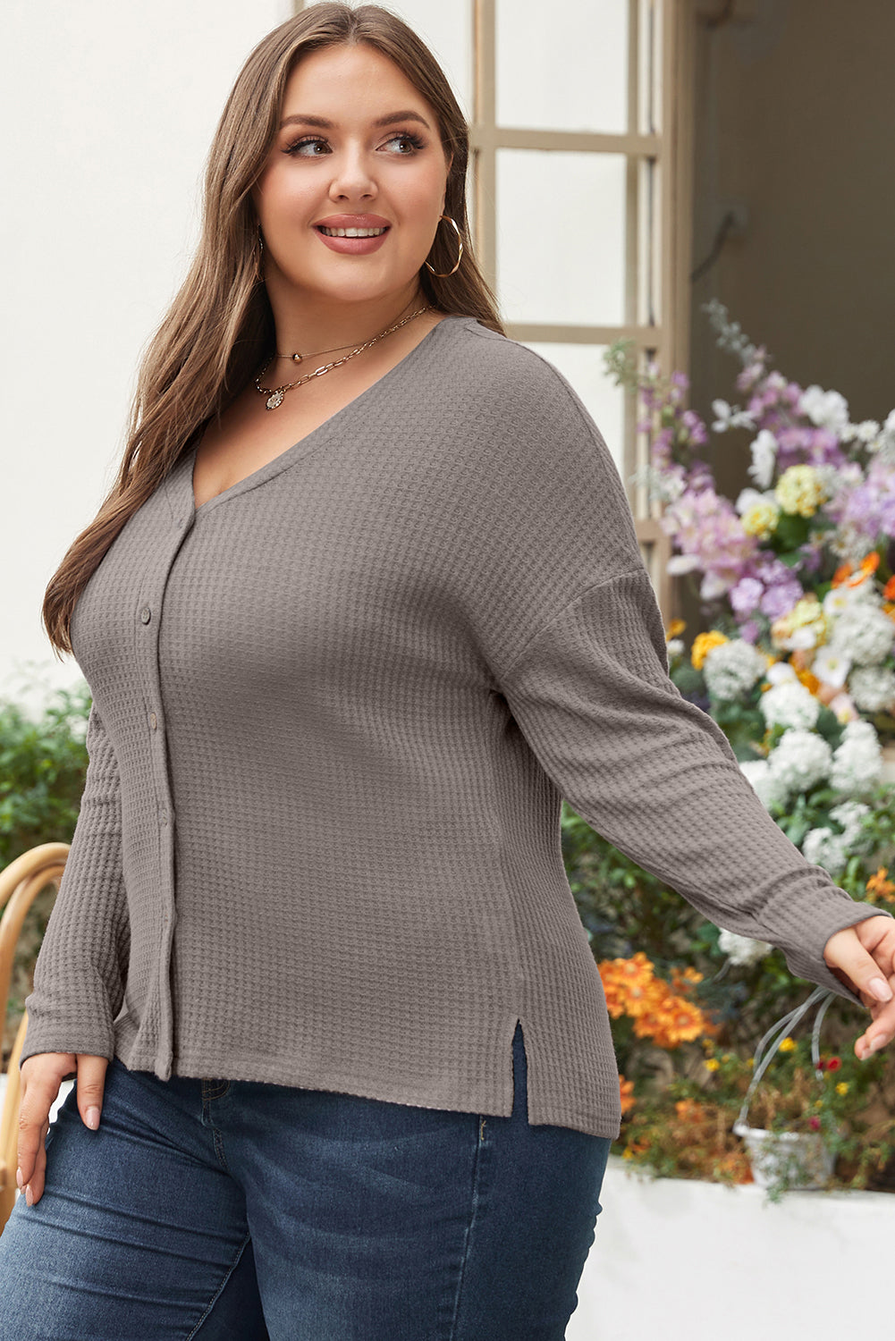 Simply Taupe Waffle Knit Drop Shoulder Button V Neck Plus Size Top