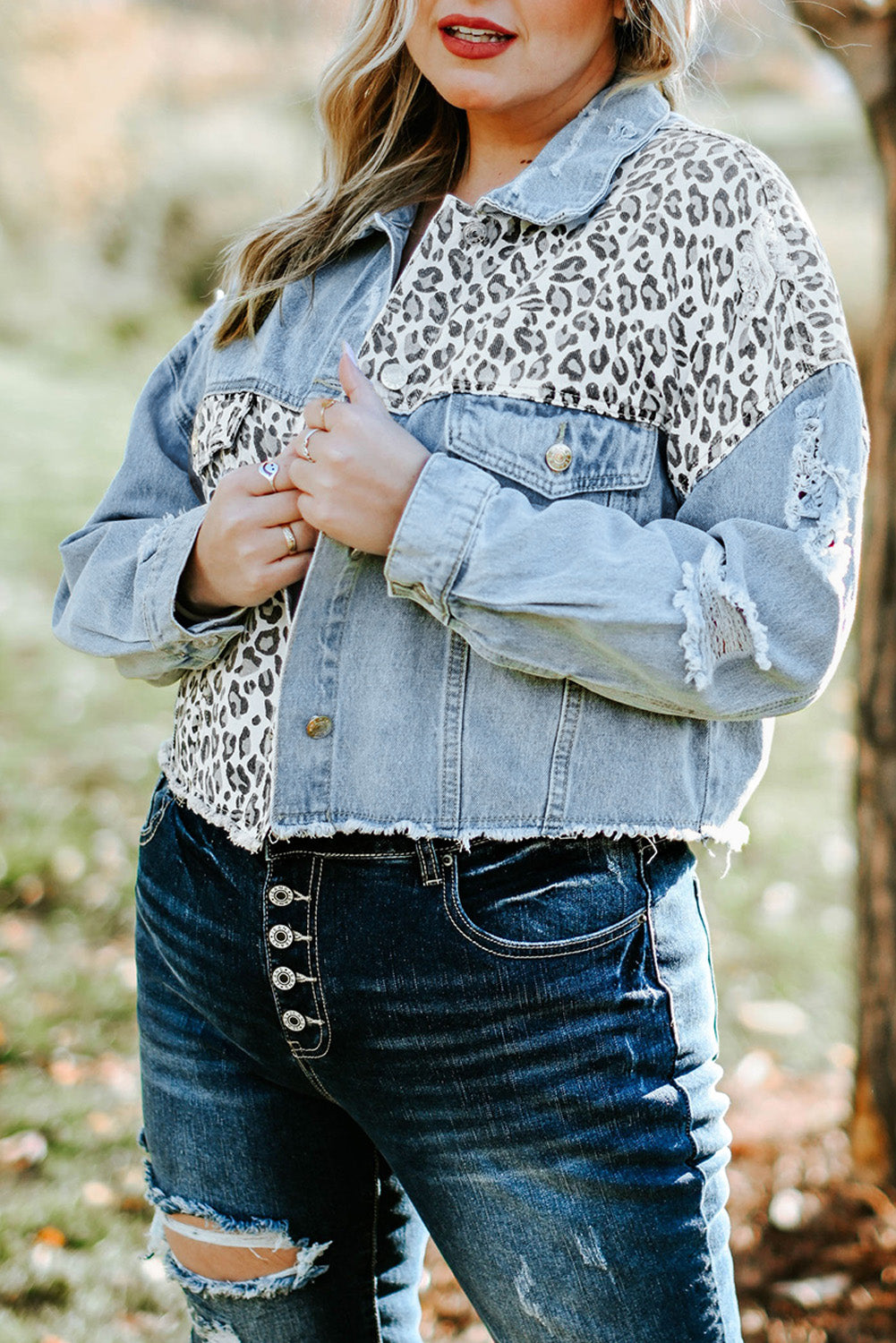 Blue Plus Size Leopard Ripped Cropped Denim Jacket