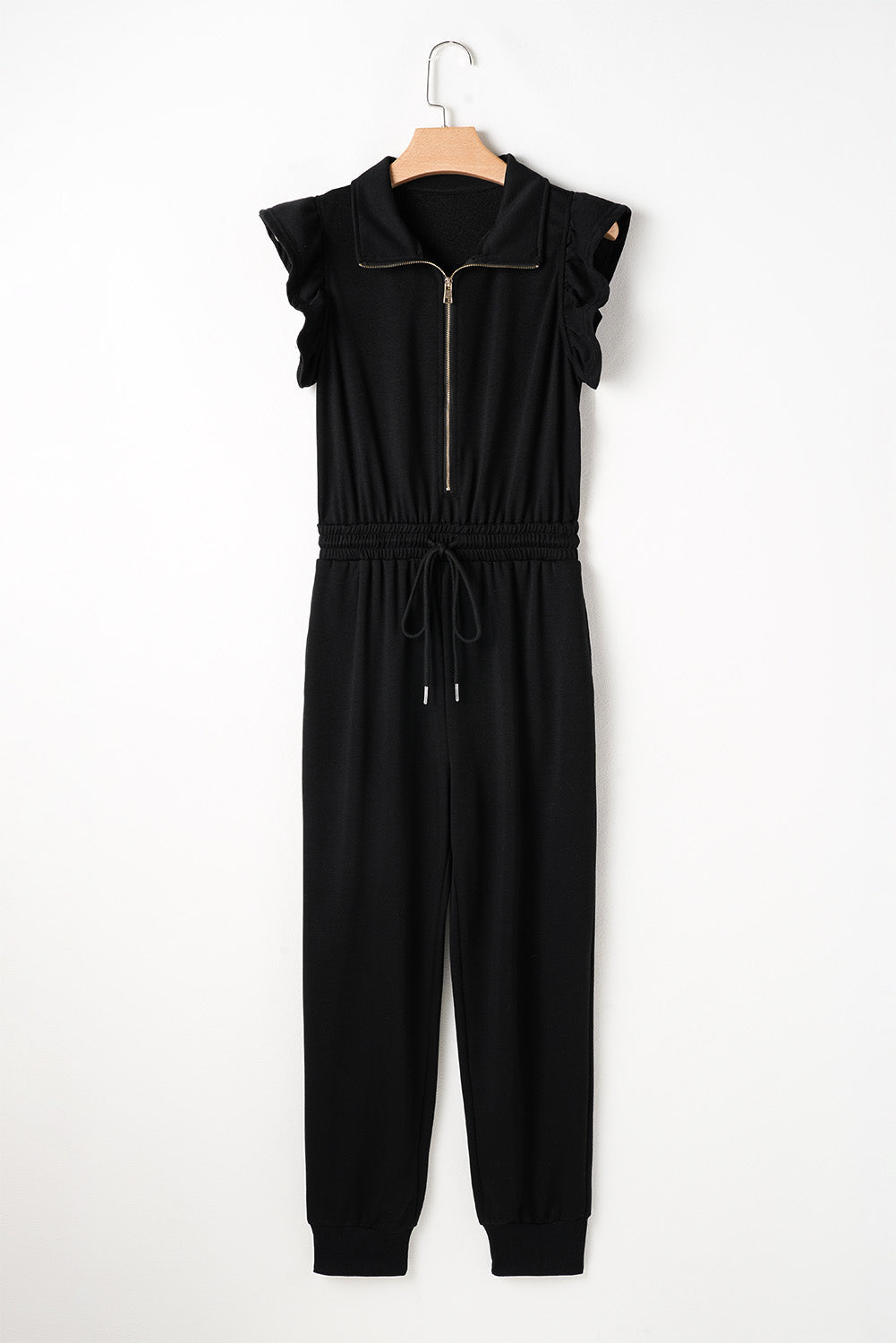 Black Zipper Flutter Sleeve Drawstring High Waist Jumpsuit