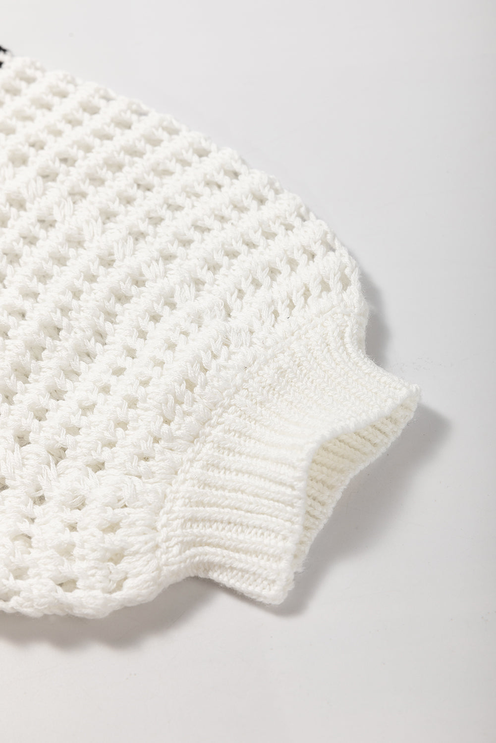 White Stripe Hollow-out Openwork Knit Puff Sleeve Sweater