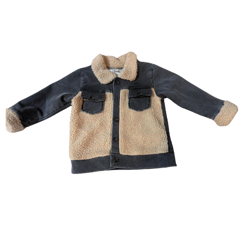 Boys Brown Lapel Plush Denim Splicing Coat