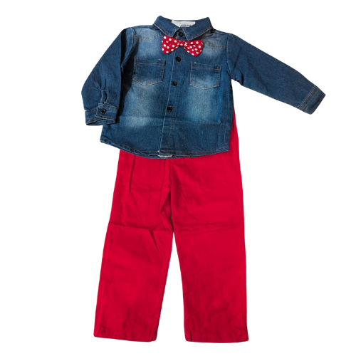 Boys Lapel Long Sleeve Denim Jacket, Pants and Bowtie