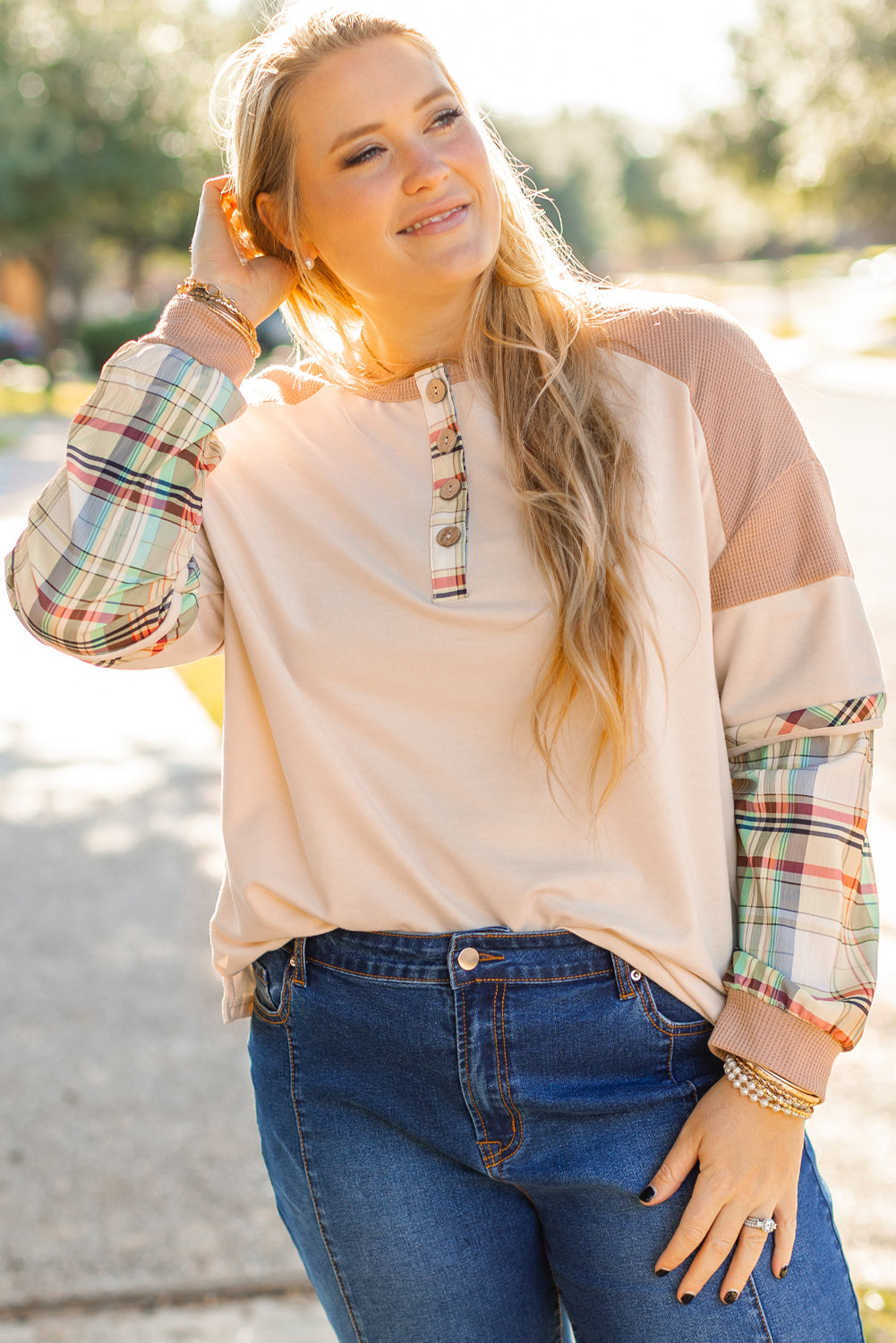 Parchment Plus Size Plaid Patchwork Layered Henley Top