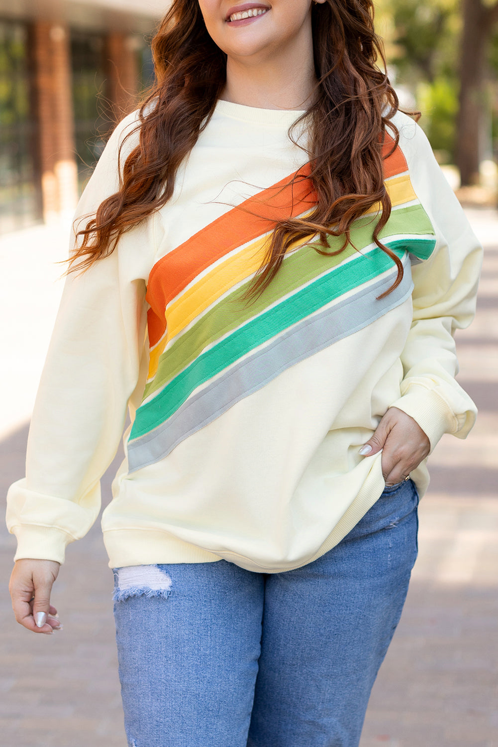 White Rainbow Raglan Sleeve Crew Neck Plus Size Sweatshirt