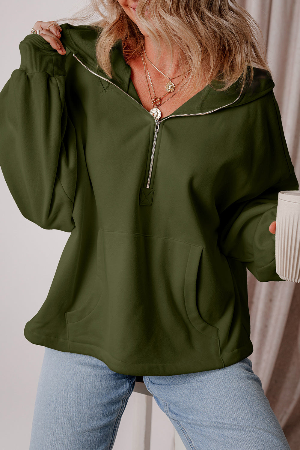 Moss Green Fleece Lined Half Zipper Kangaroo Pockets Loose Hoodie