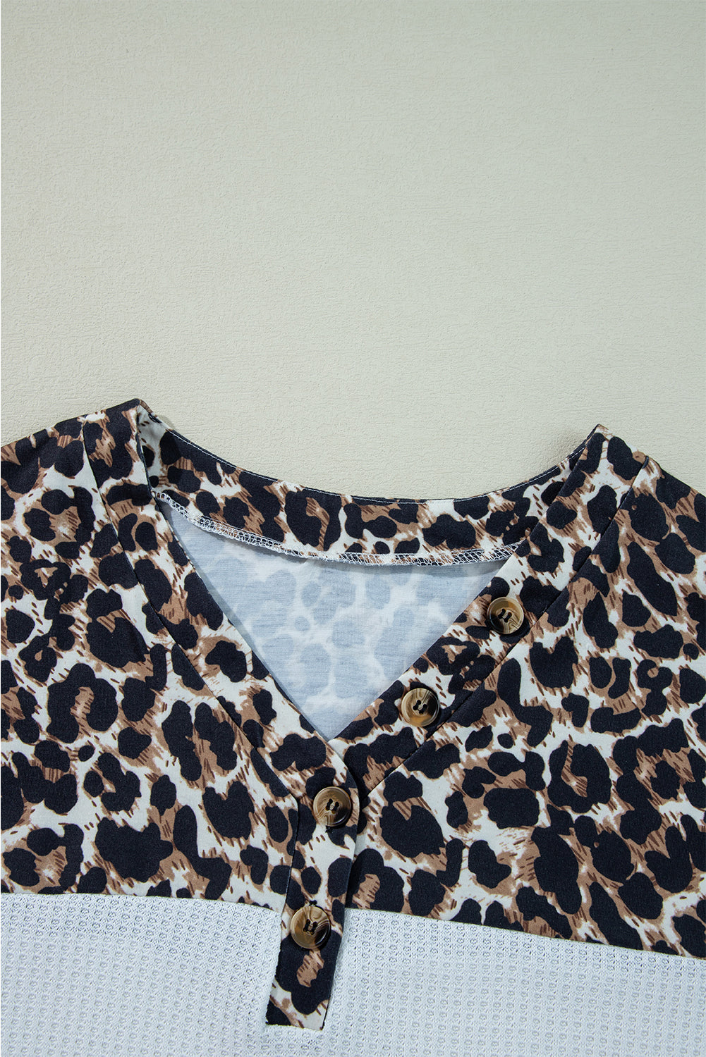 White Leopard Waffle Knit Patchwork Button V Neck Top