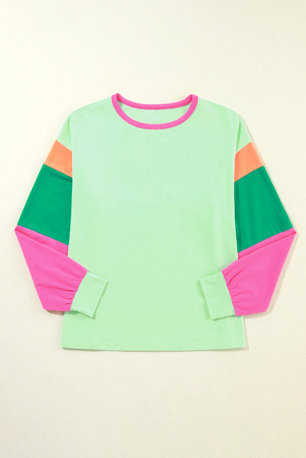 Green Colorblock Patchwork Long Sleeve Loose Top