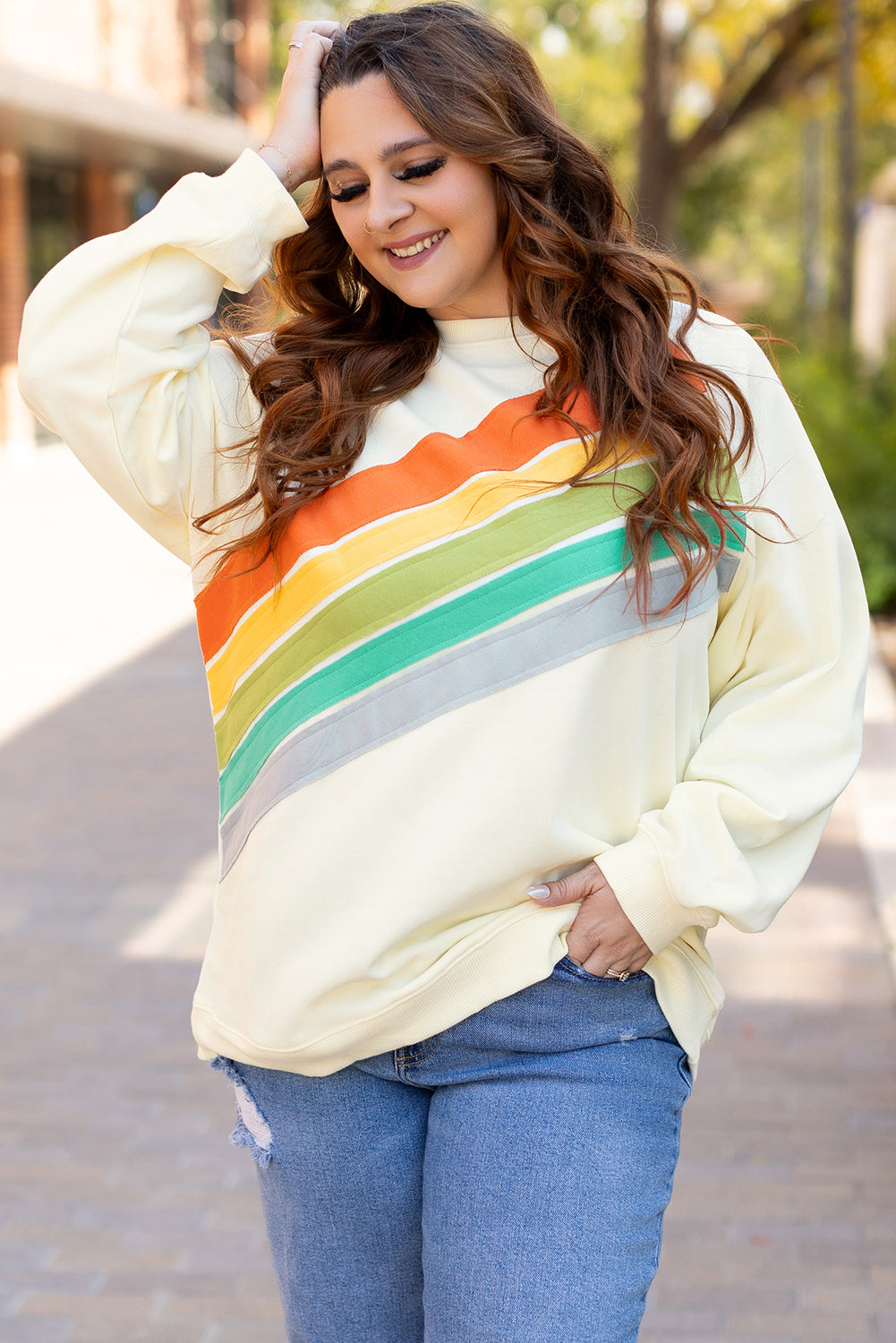 White Rainbow Raglan Sleeve Crew Neck Plus Size Sweatshirt