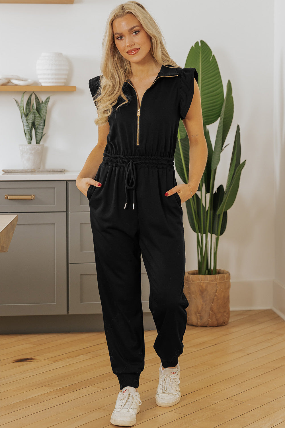 Black Zipper Flutter Sleeve Drawstring High Waist Jumpsuit