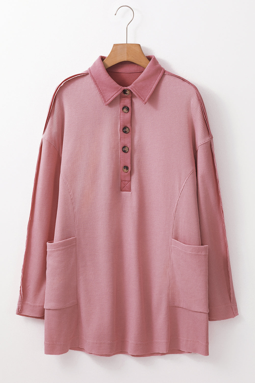 Pink Waffle Long Sleeve Collar Half Button Loose Top