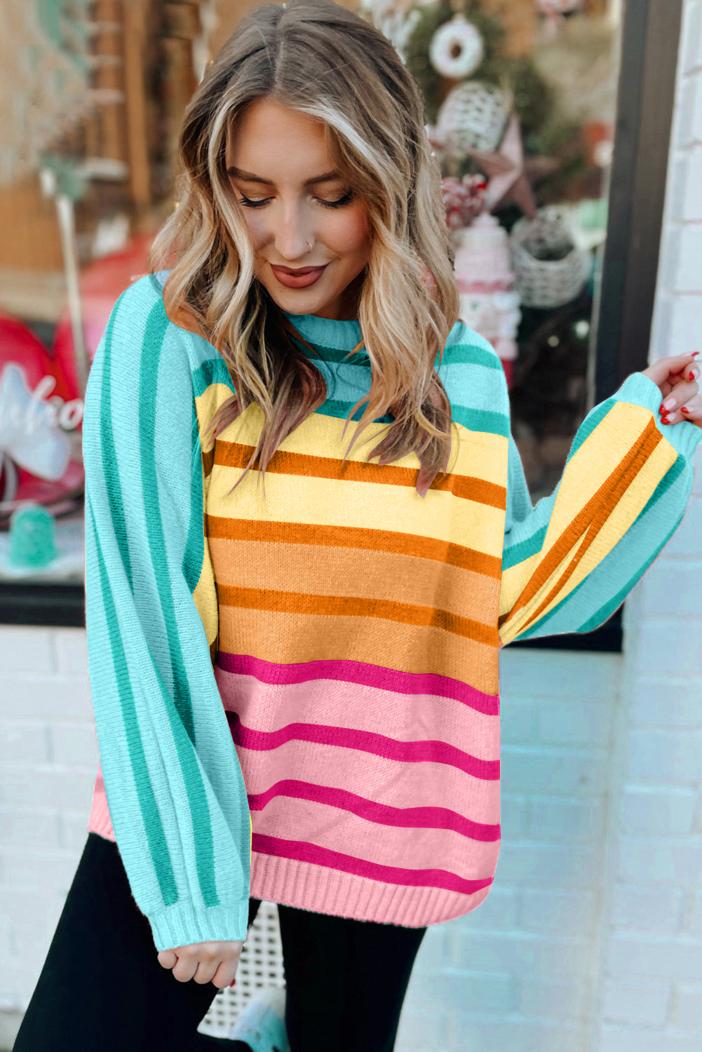 Yellow Stripe Gradient Striped Ribbed Edge Loose Sweater