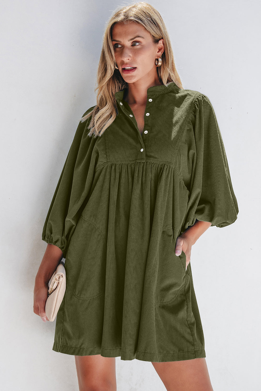 Vineyard Green Corduroy Snap Buttons Empire Waist Bracelet Sleeve Dress