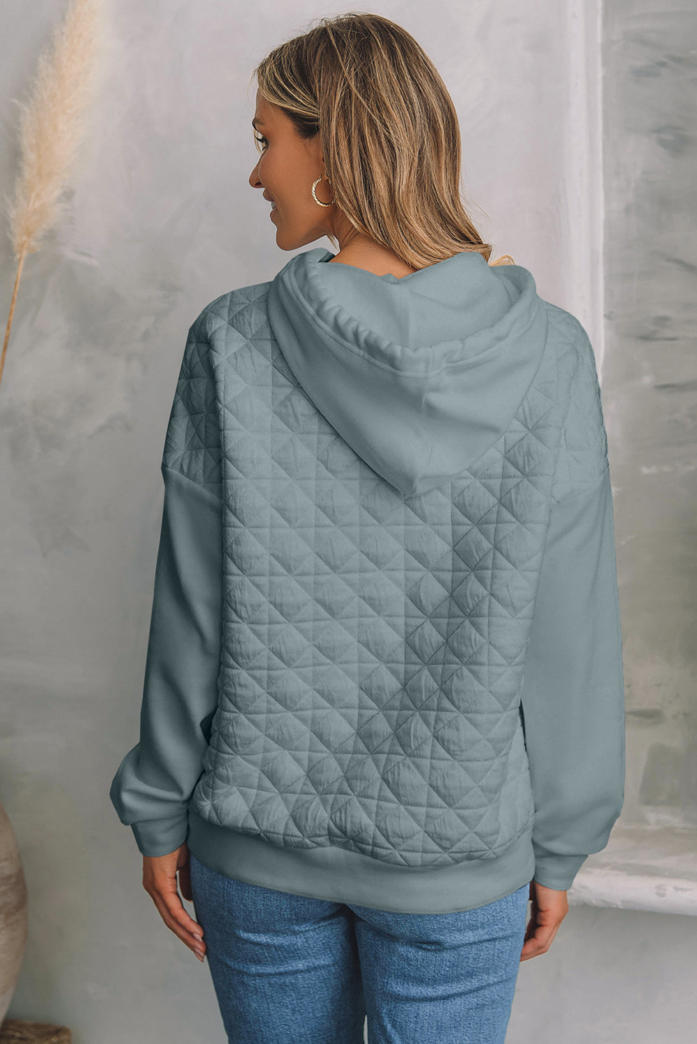 Light Grey Drop Shoulder Quilted Patchwork Kangaroo Pocket Hoodie